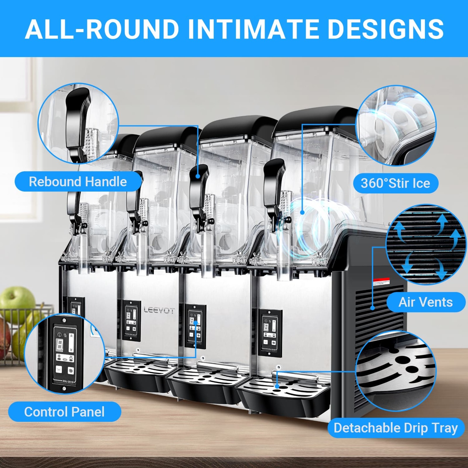 LEEVOT Quadruple Tank 3.2 Gallon Commercial Slushy Machine - Frozen Beverage Dispenser for Bars, Restaurants, and Parties