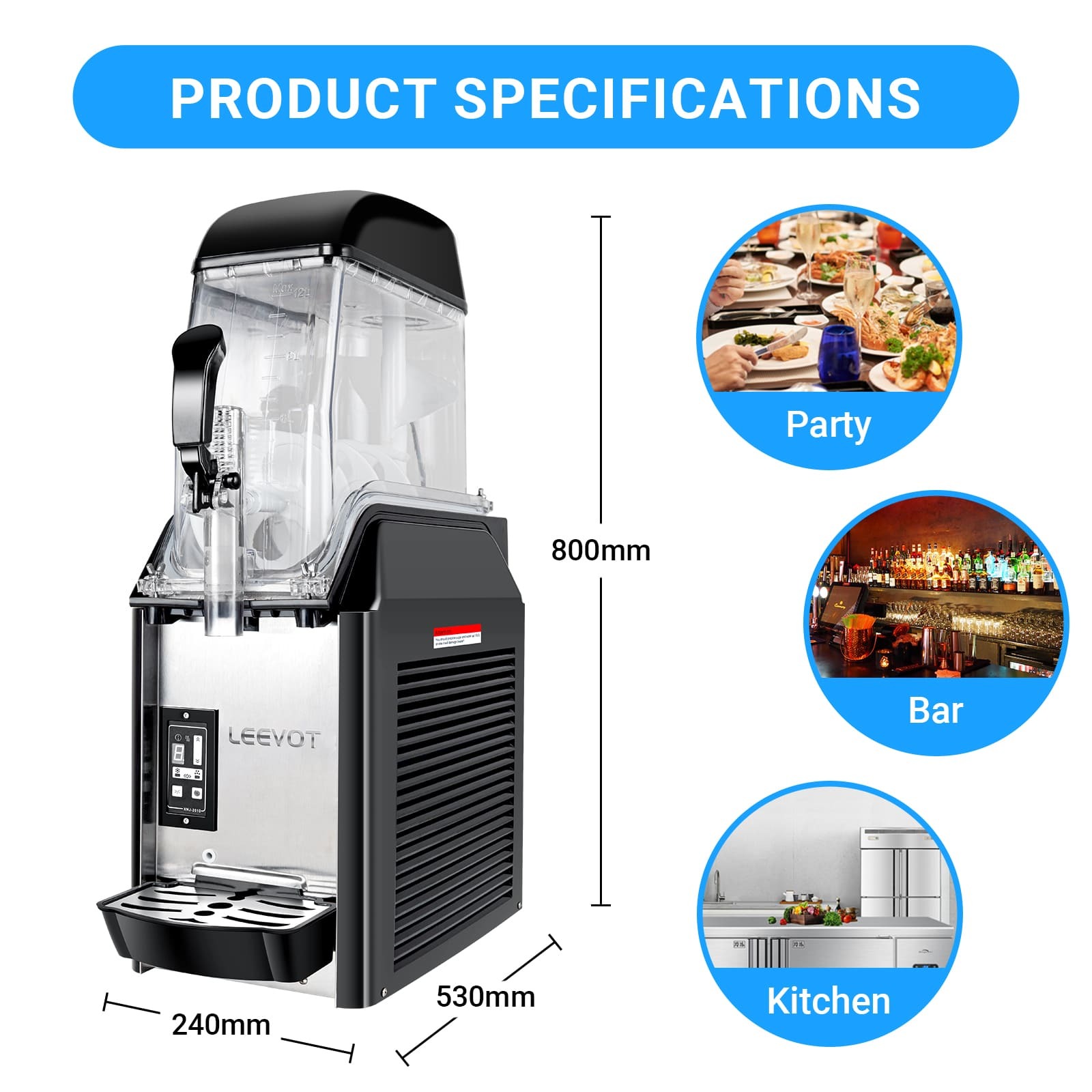 LEEVOT 3.2-Gallon Single-Tank Commercial Slushy Machine - Frozen Beverage Dispenser