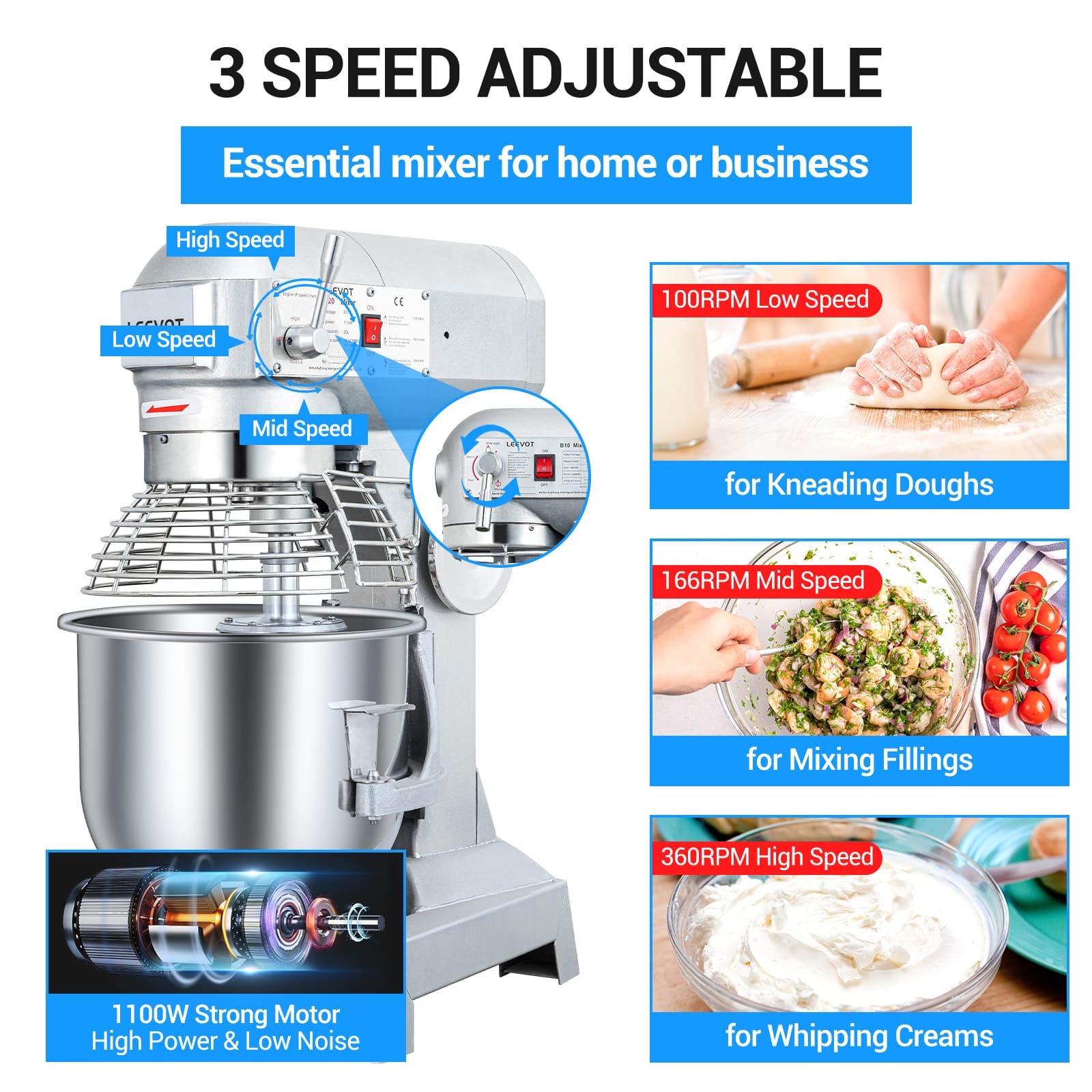 Leevot B20 professional Stand Mixer - Timing Function, Heavy Duty Electric Stand Mixer with Guard & Standard Accessories