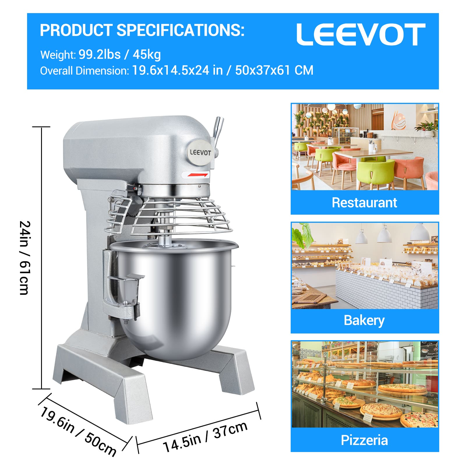 Leevot 10L Commercial Stand Mixer - Versatile Operation with Guard & Standard Accessories