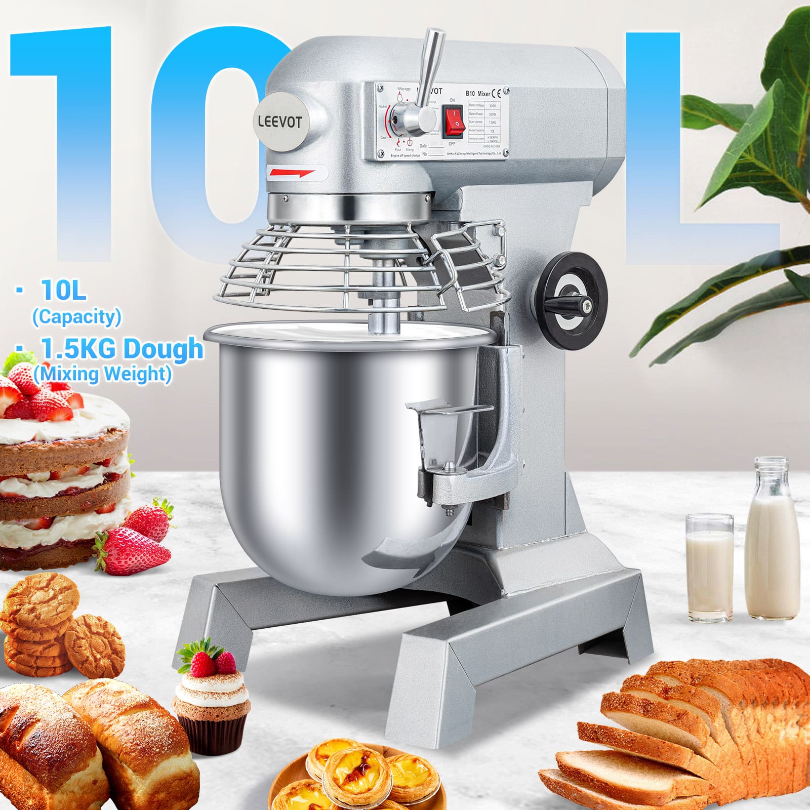 Leevot 10L Commercial Stand Mixer - Versatile Operation with Guard & Standard Accessories