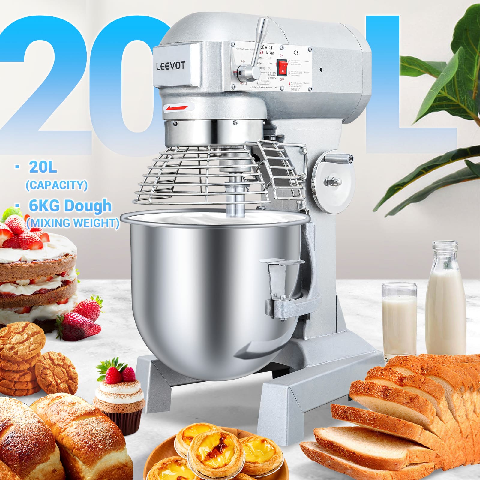 Leevot professional 20L Mixer - Timing Function, Heavy Duty Electric Stand Mixer with Guard & Standard Accessories