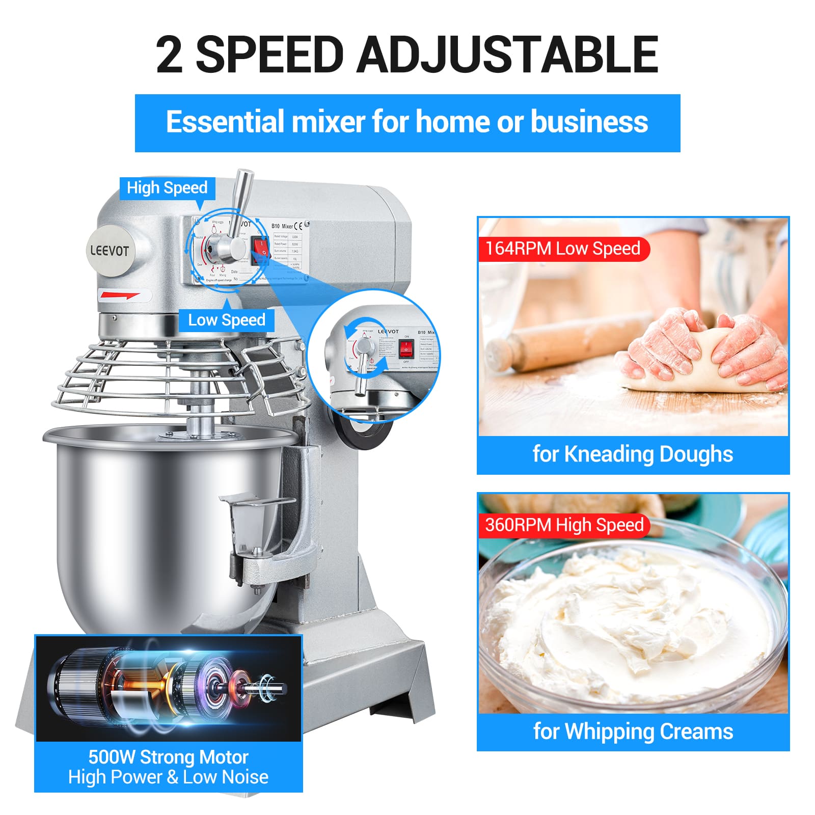 Leevot 10L Commercial Stand Mixer - Versatile Operation with Guard & Standard Accessories