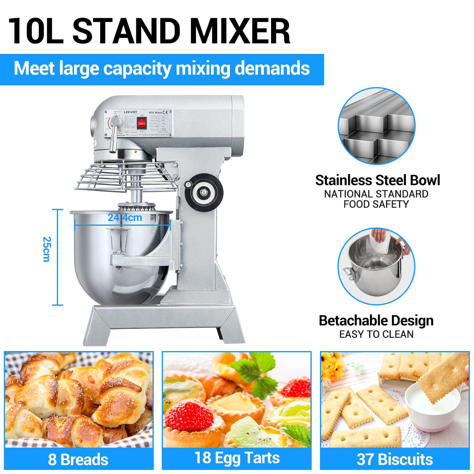 Leevot 10L Commercial Stand Mixer - Versatile Operation with Guard & Standard Accessories
