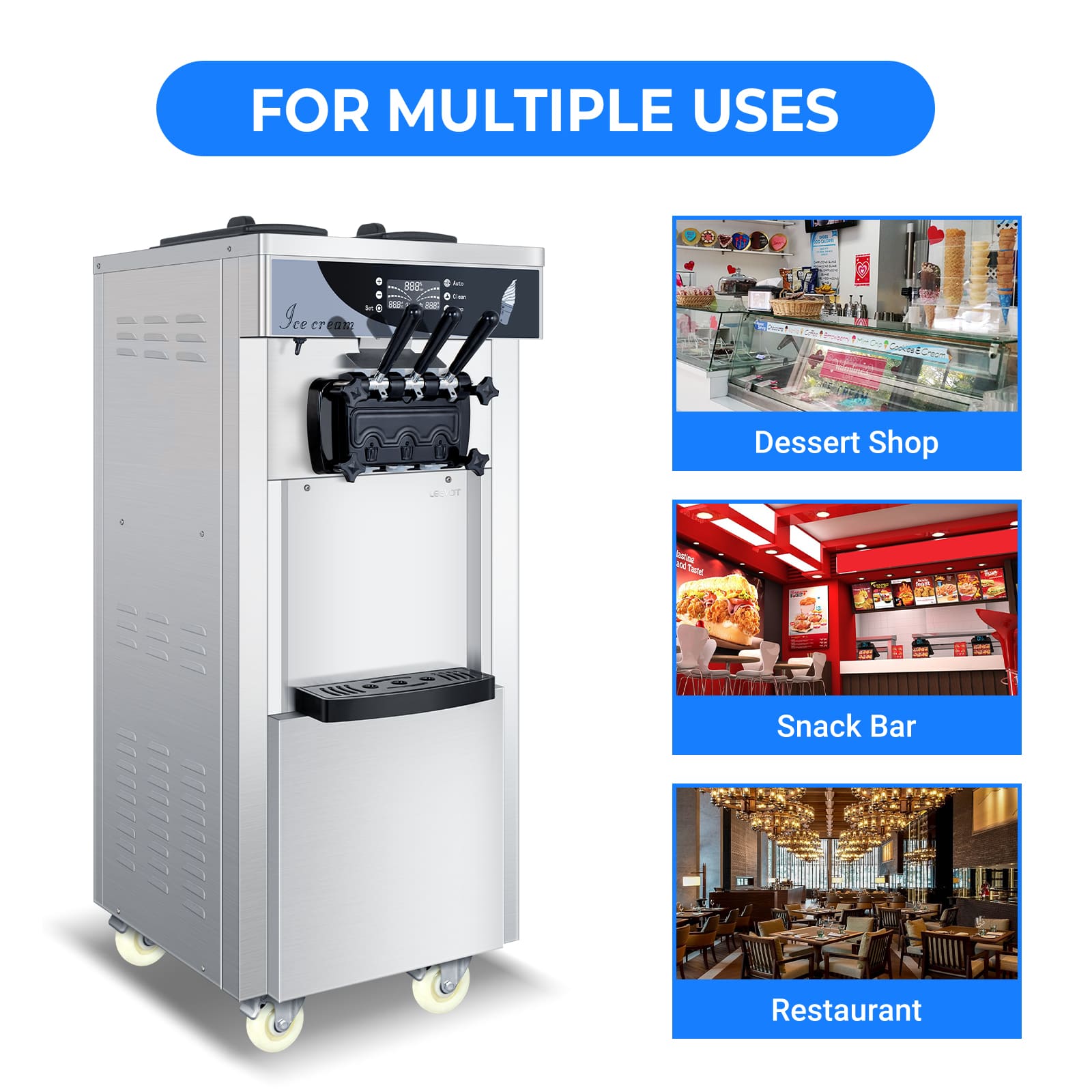 LEEVOT Commercial Soft Serve Ice Cream Machine - Floor Model, 3 Flavors, 2 *6L Hoppers, 3 Dispensers for Restaurants and Snack Bars