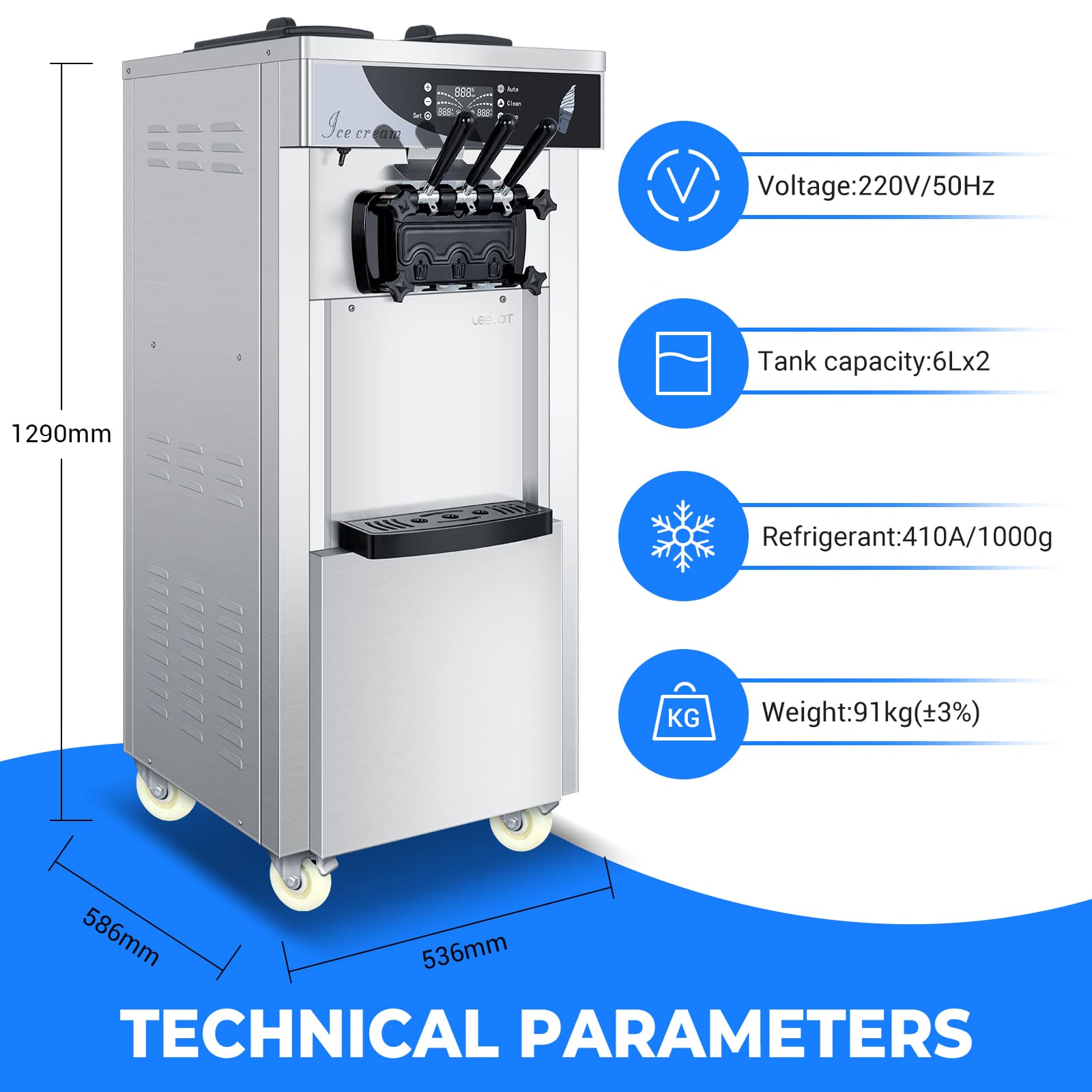 LEEVOT Commercial Soft Serve Ice Cream Machine - Floor Model, 3 Flavors, 2 *6L Hoppers, 3 Dispensers for Restaurants and Snack Bars