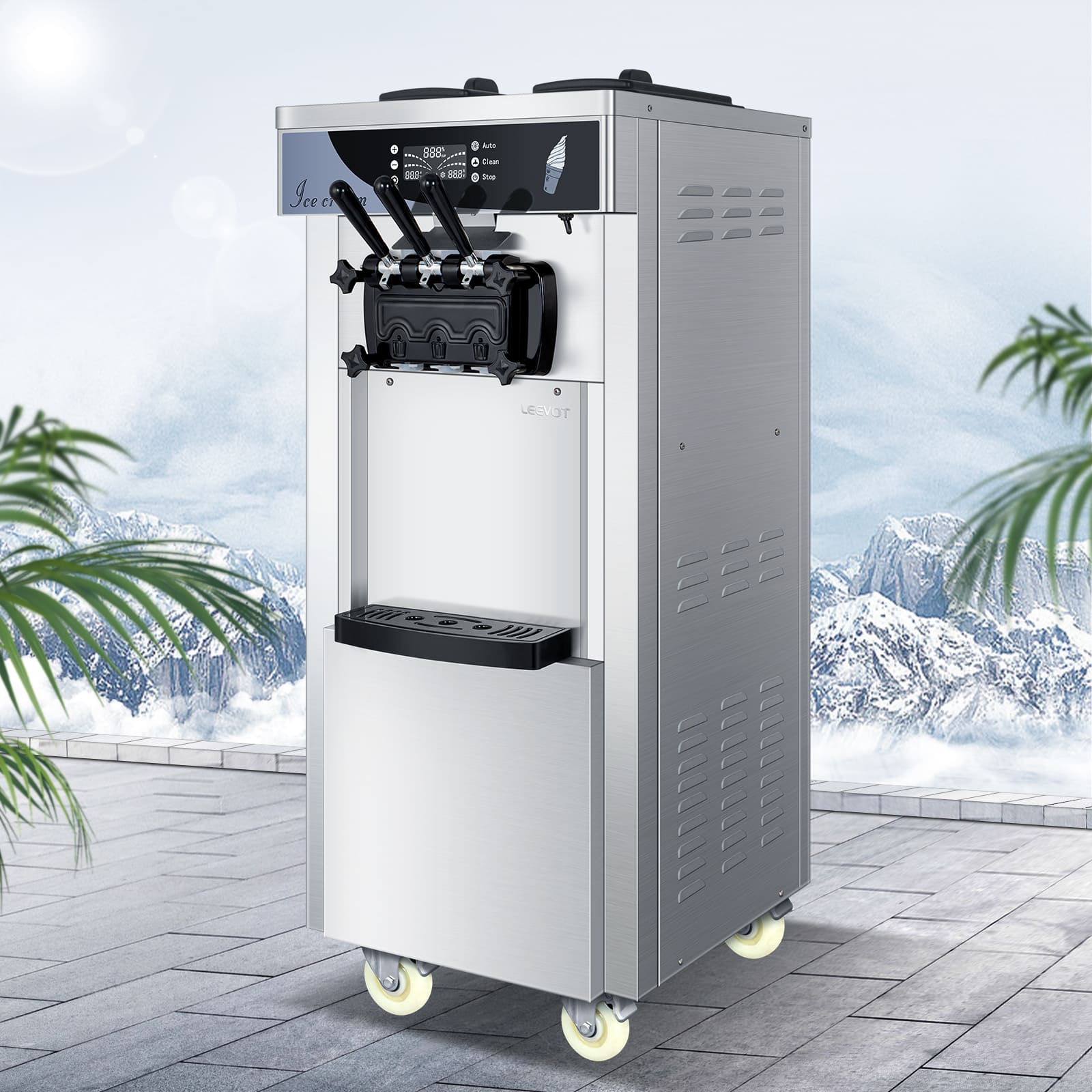 LEEVOT Commercial Soft Serve Ice Cream Machine - Floor Model, 3 Flavors, 2 *6L Hoppers, 3 Dispensers for Restaurants and Snack Bars
