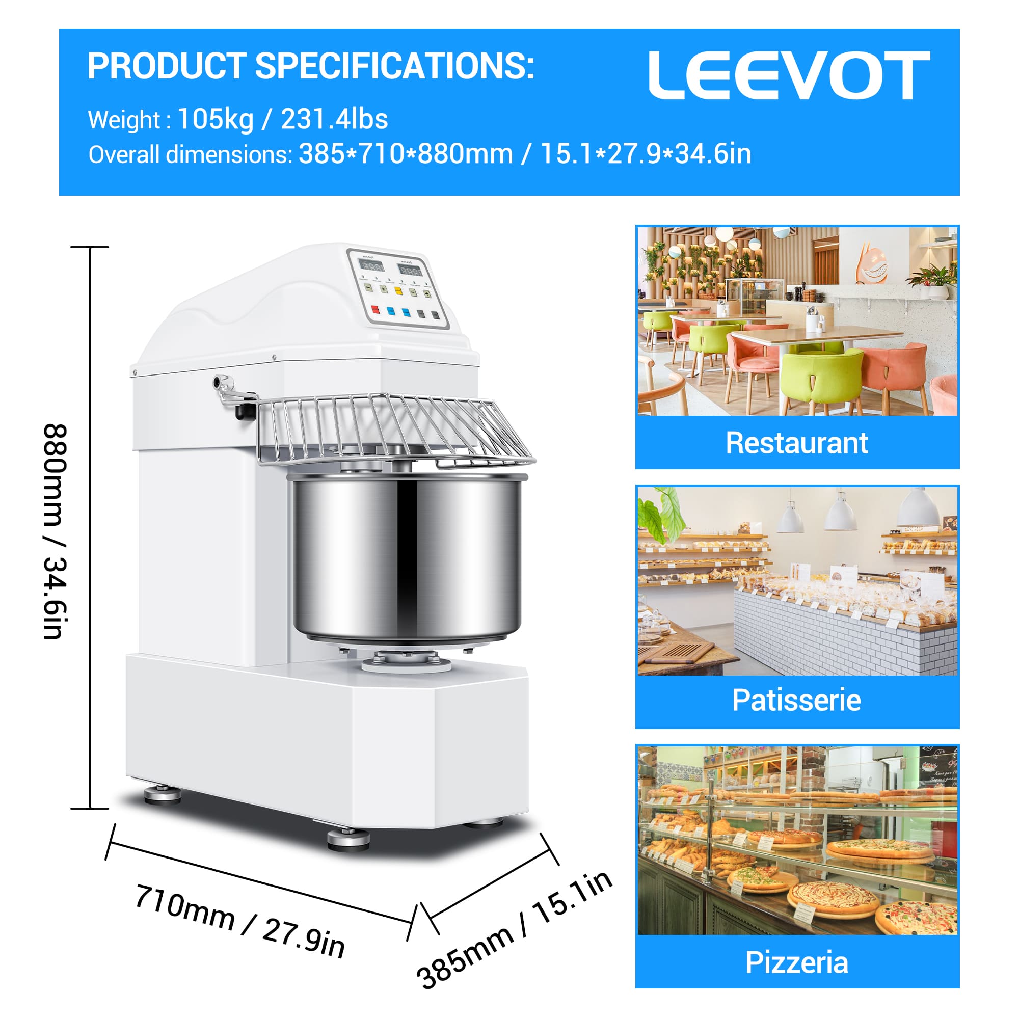 Commercial 20L Spiral Dough Mixer with 2-Speed Motor and Auto-Stop Safety Feature – Ideal for Pizza, Bread, and Cookie Dough