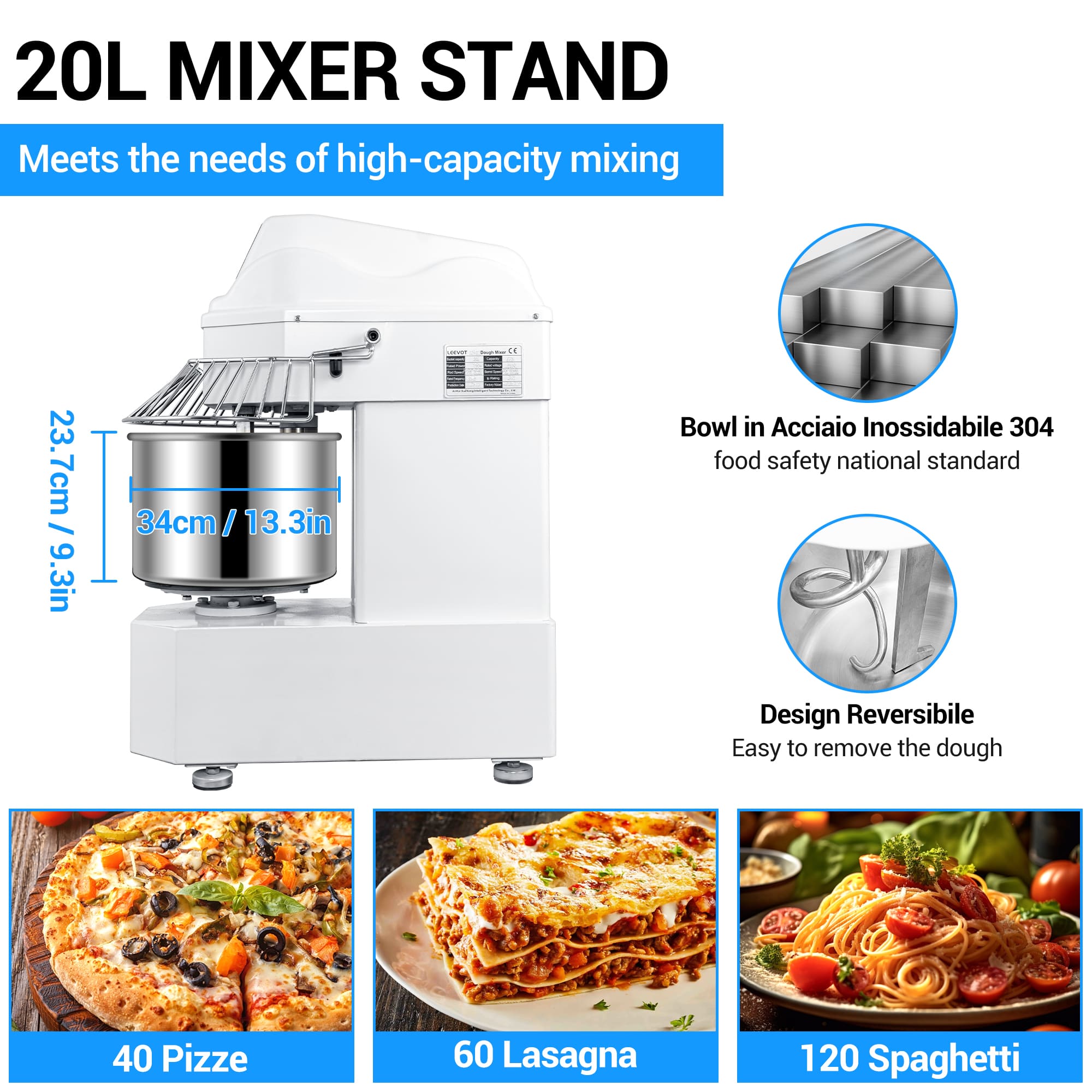 Commercial 20L Spiral Dough Mixer with 2-Speed Motor and Auto-Stop Safety Feature – Ideal for Pizza, Bread, and Cookie Dough