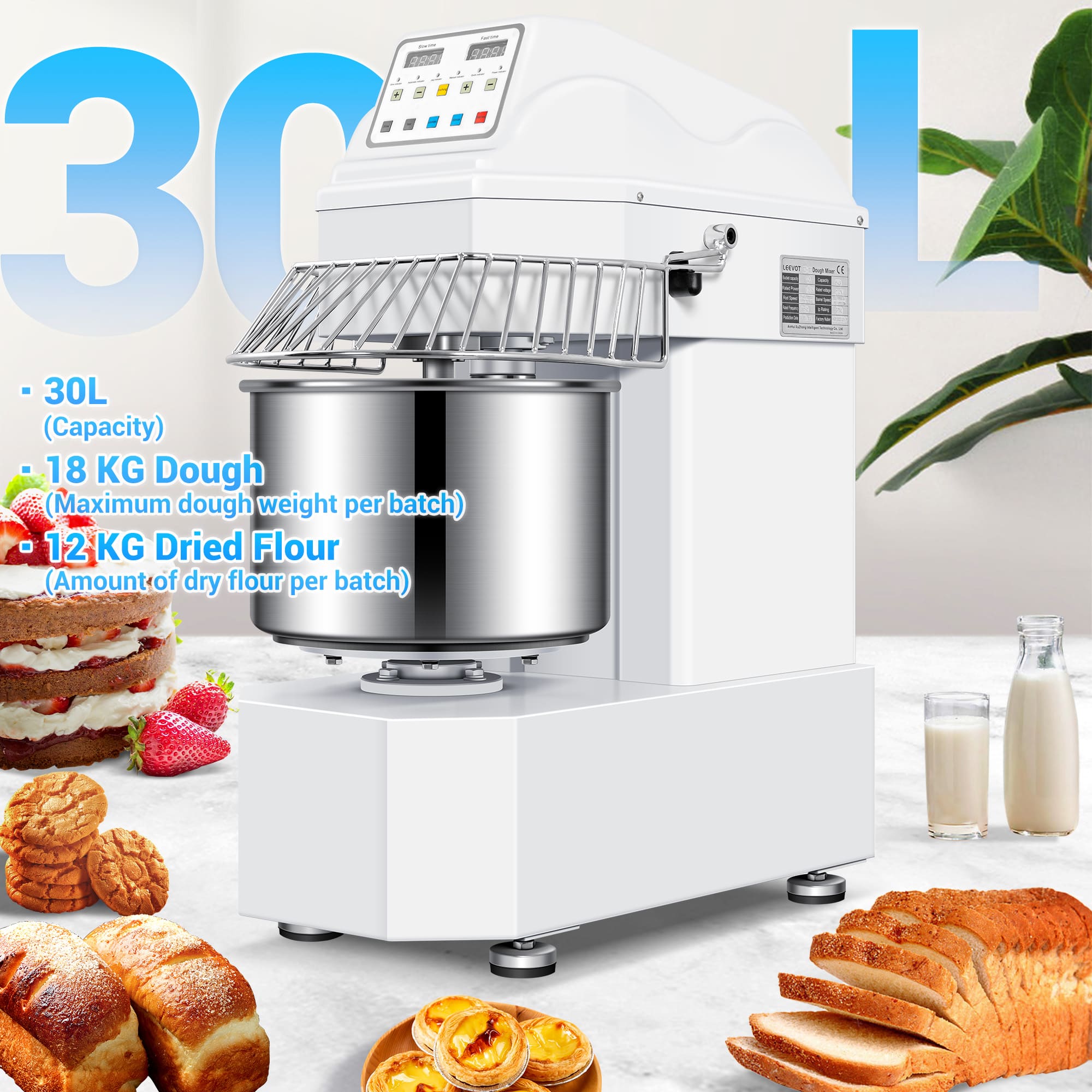 Commercial 30L Spiral Dough Mixer with 2-Speed Motor and Auto-Stop Safety Feature – Ideal for Pizza, Bread, and Cookie Dough