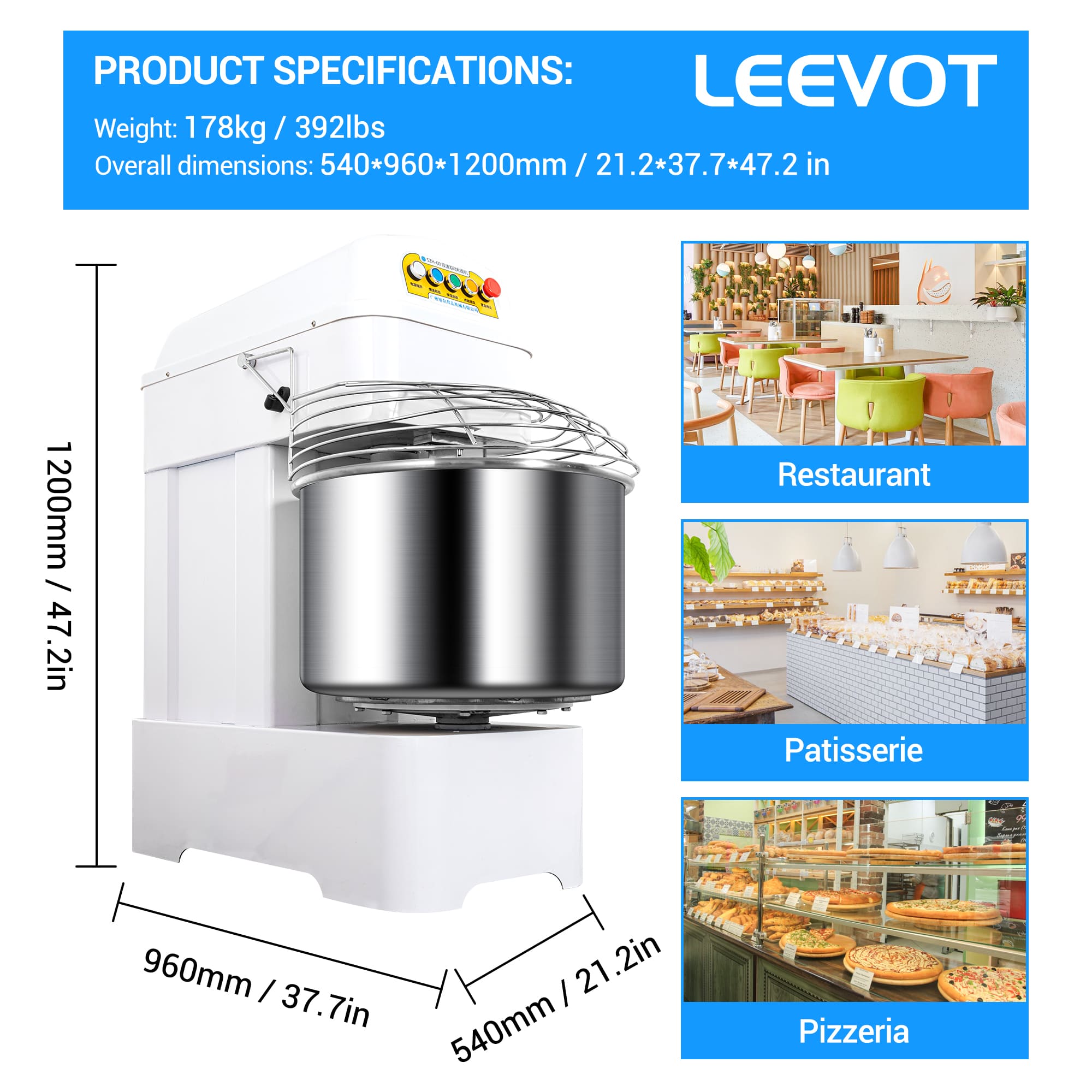 Leevot 60L Professional Spiral Mixer – High Capacity, Dual Rotation, and Advanced Safety for Kitchens and Bakeries