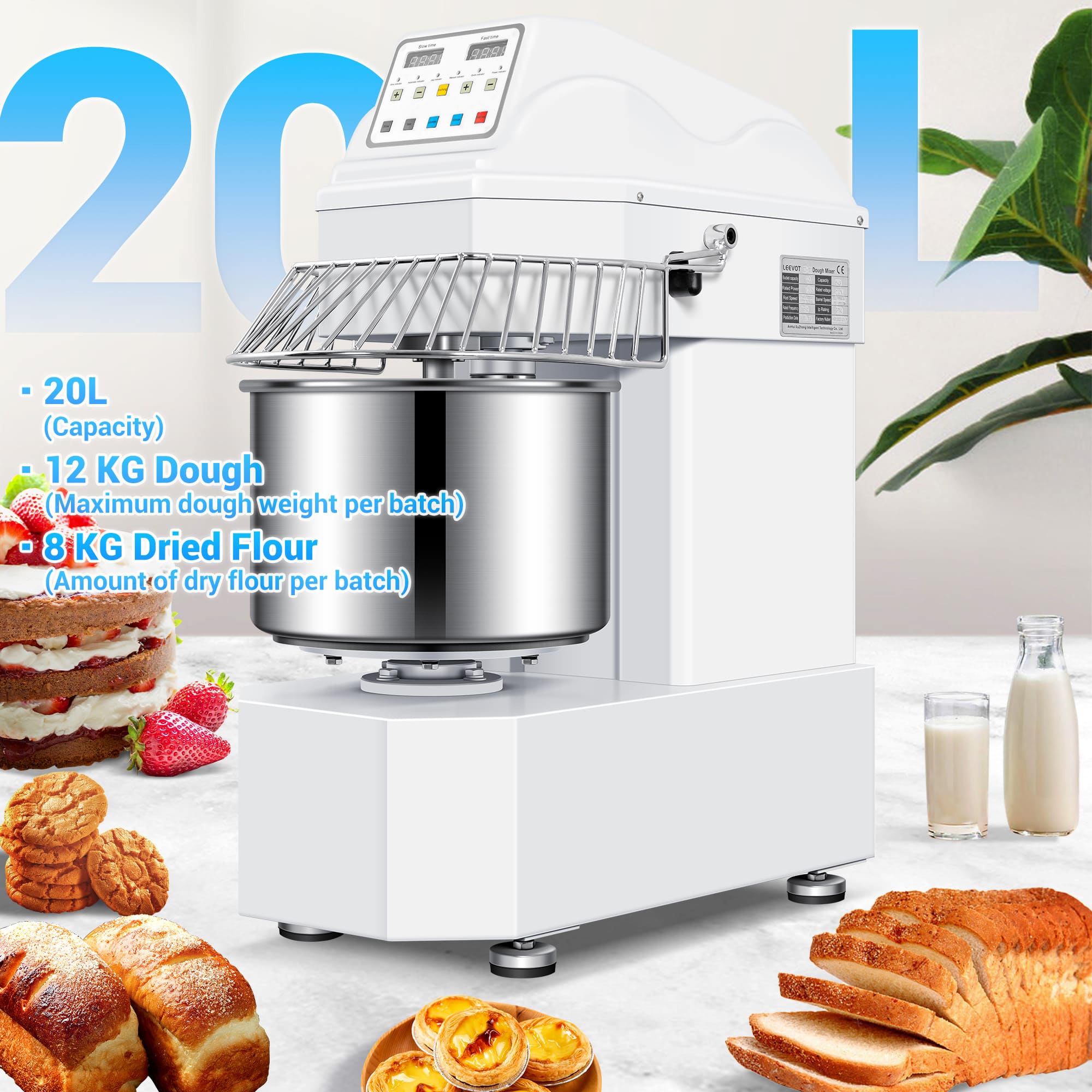 Commercial 20L Spiral Dough Mixer with 2-Speed Motor and Auto-Stop Safety Feature – Ideal for Pizza, Bread, and Cookie Dough