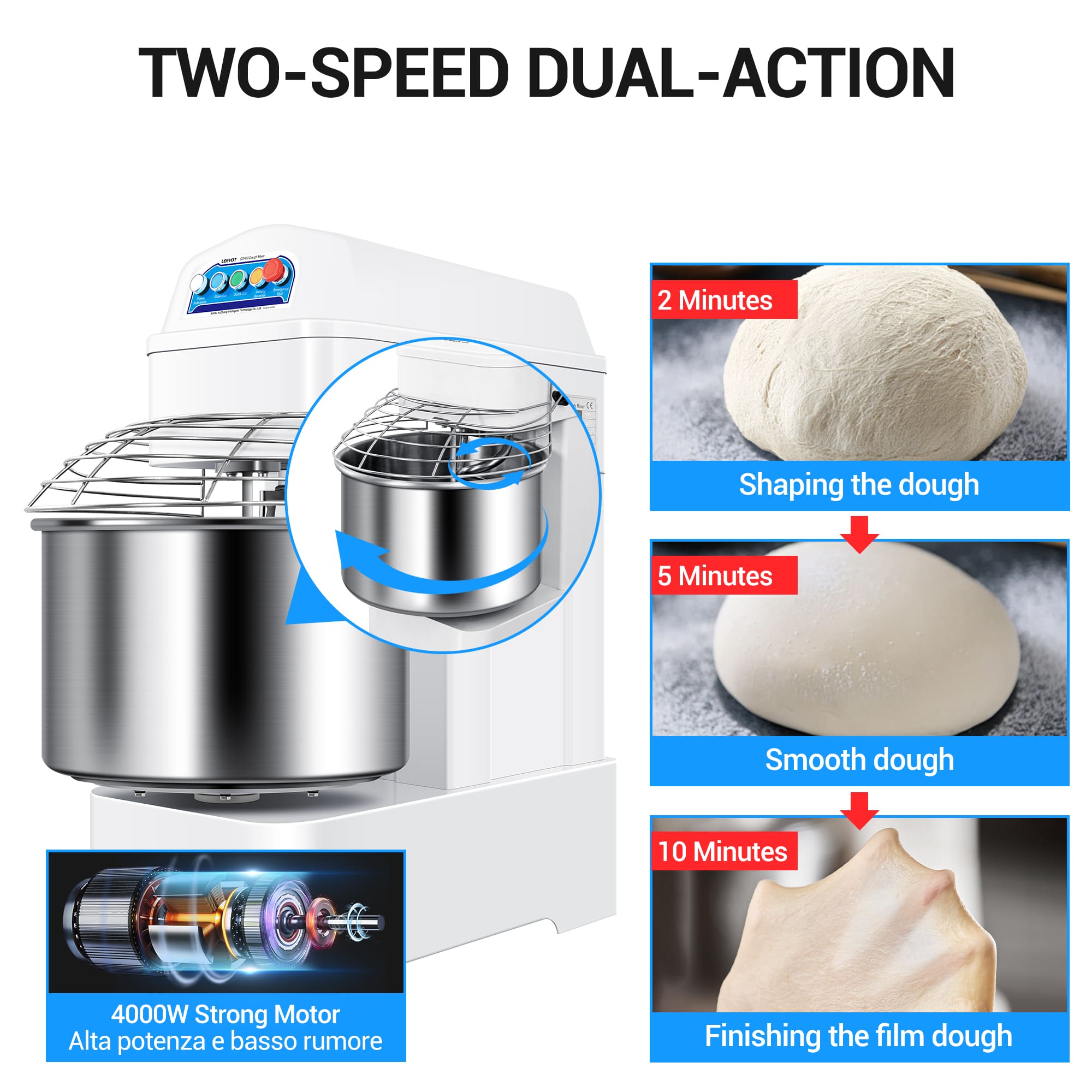 Leevot 60L Professional Spiral Mixer – High Capacity, Dual Rotation, and Advanced Safety for Kitchens and Bakeries