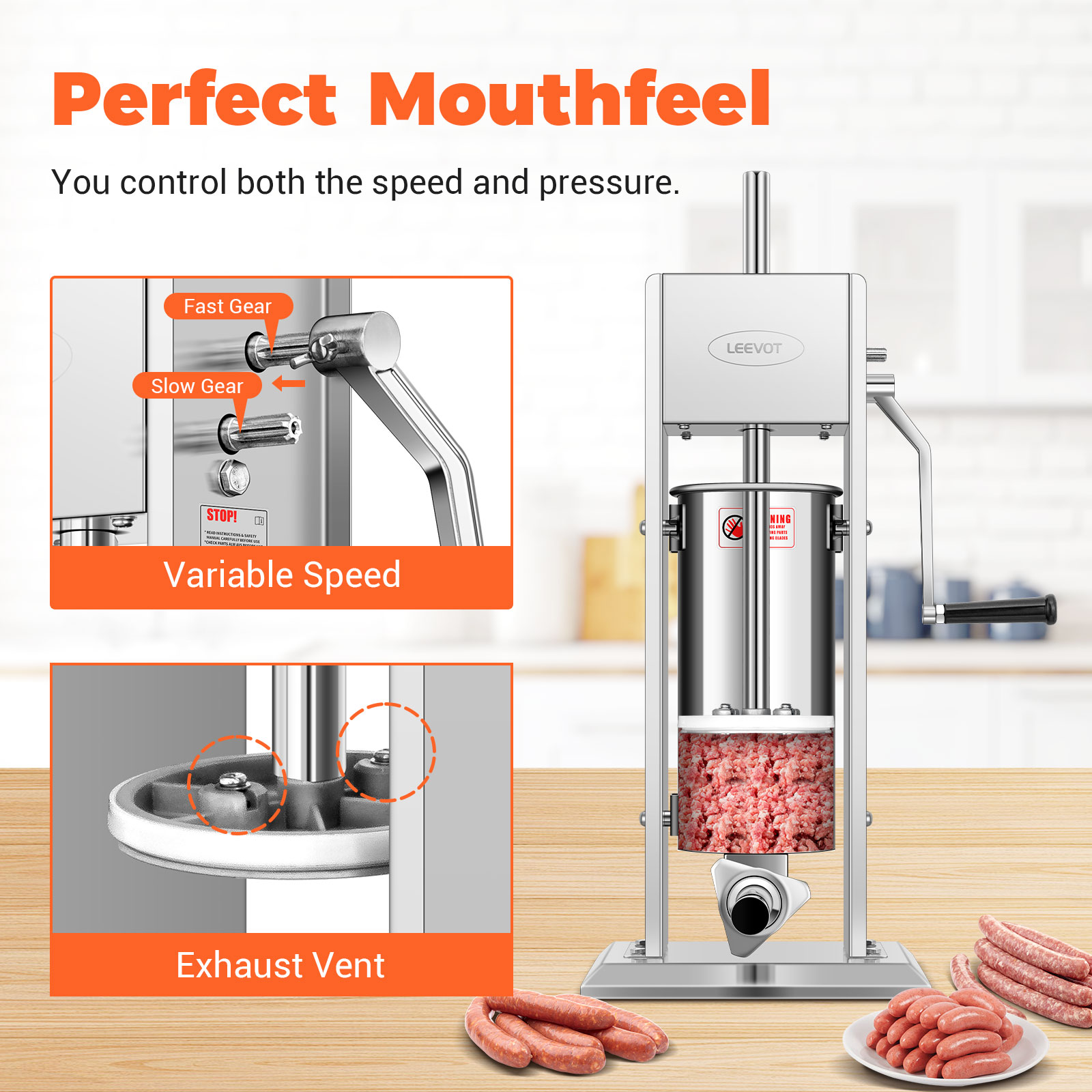 Leevot 7 Liters Vertical Manual Sausage Stuffer - Stainless Steel, 2 Speeds, 4 Filling Tubes