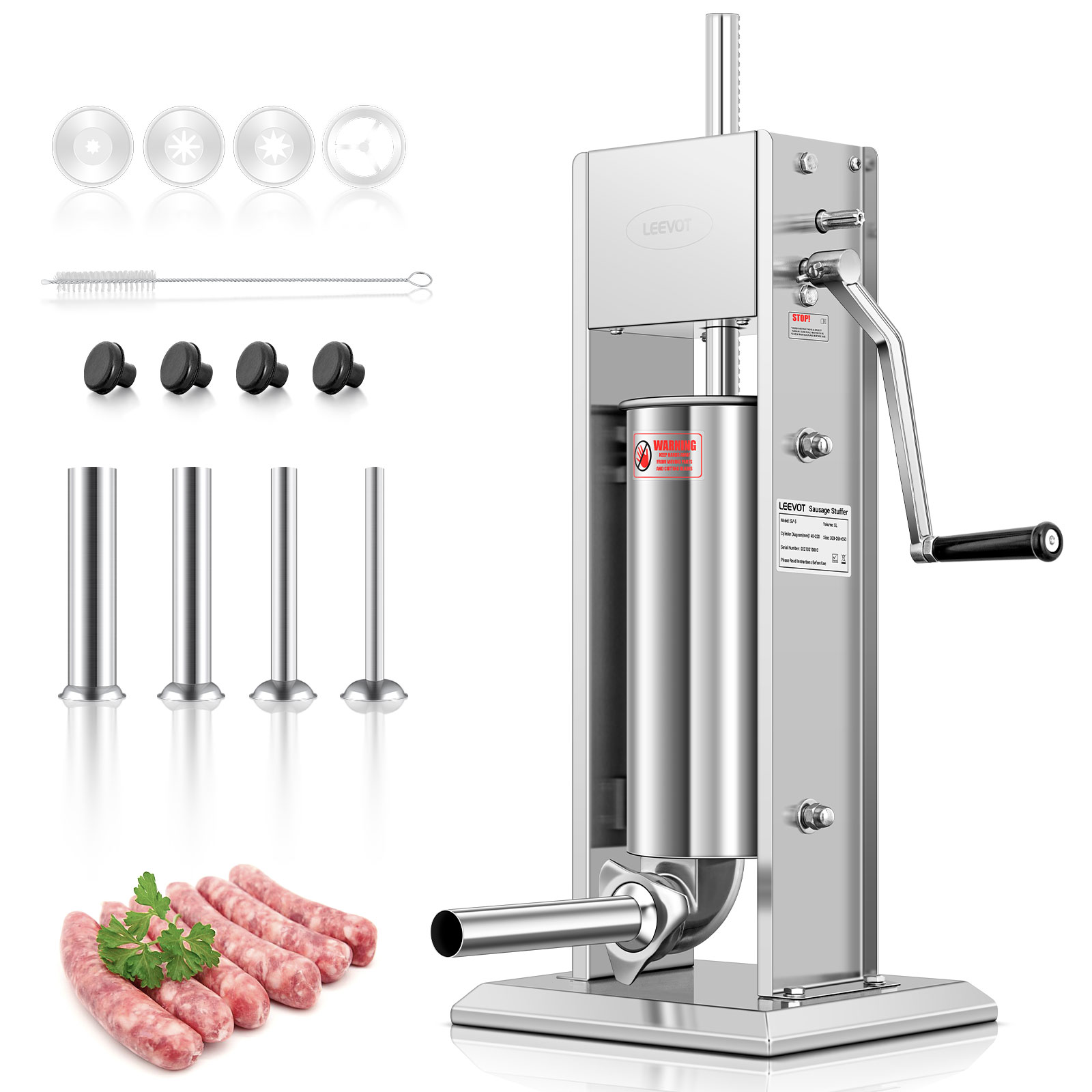 Leevot 5 Liters Vertical Manual Sausage Stuffer - Stainless Steel, 2 Speeds, 4 Filling Tubes