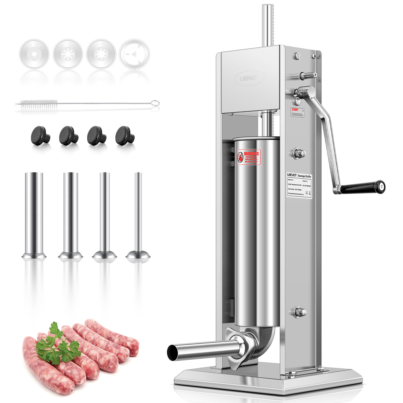 Leevot 7 Liters Vertical Manual Sausage Stuffer - Stainless Steel, 2 Speeds, 4 Filling Tubes