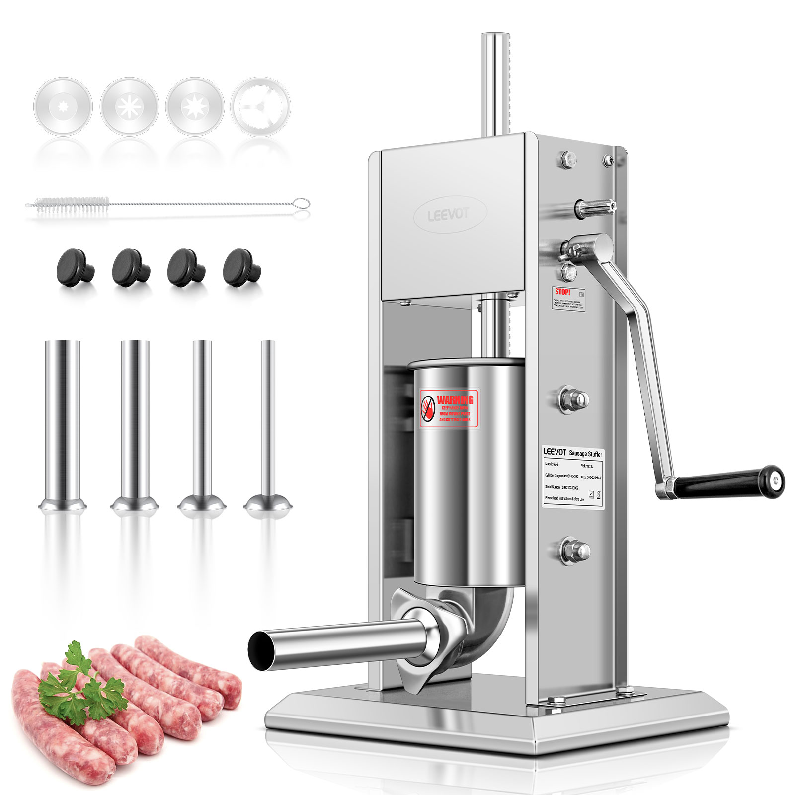 Leevot 3 Liters Vertical Manual Sausage Stuffer - Stainless Steel, 2 Speeds, 4 Filling Tubes