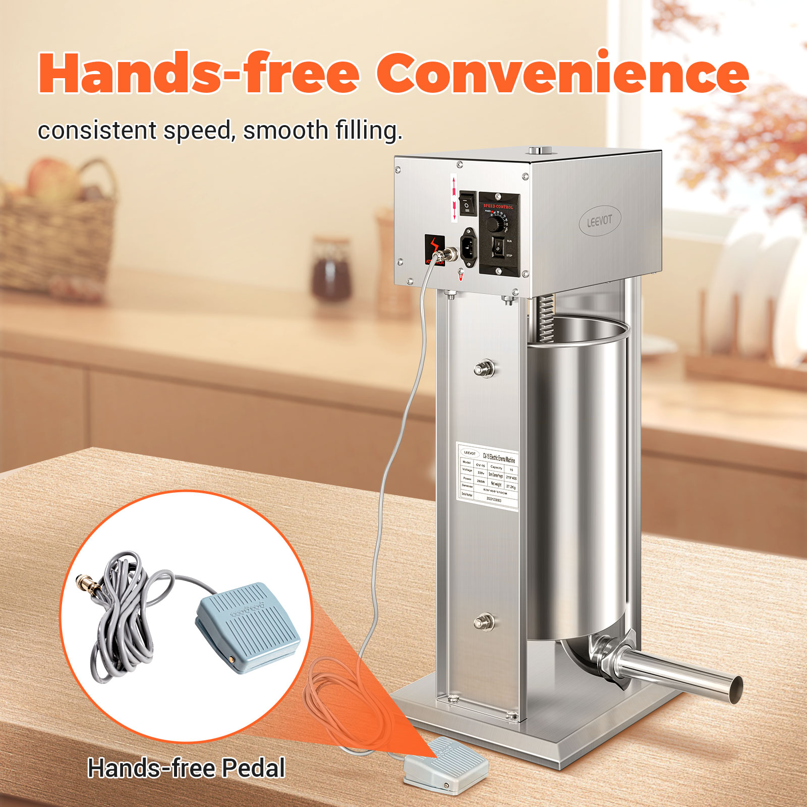 Leevot Electric Sausage Stuffer, 9 Speeds, 15L, Vertical, Stainless Steel with 4 Tubes, Home and Commercial Use