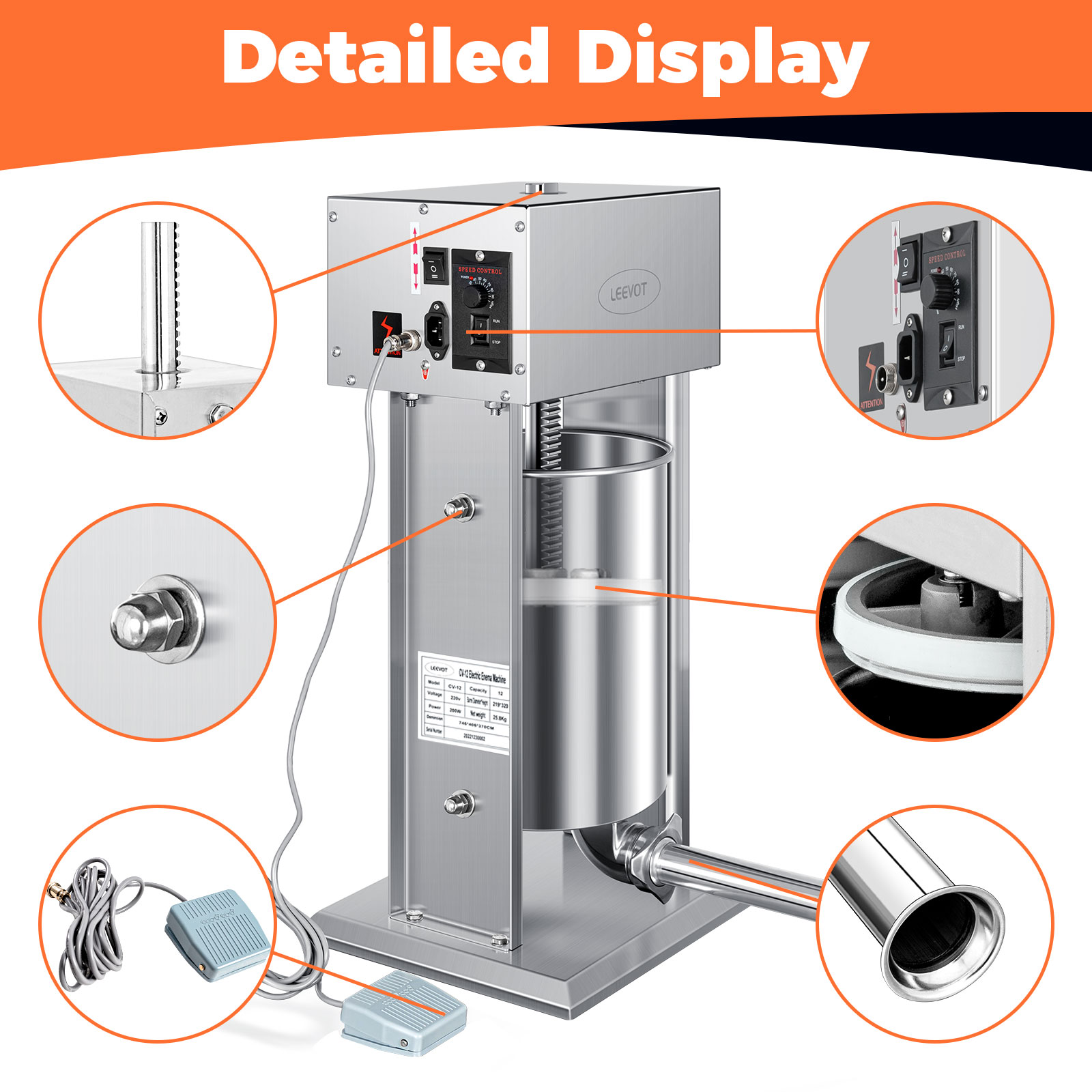 Leevot Electric Sausage Stuffer, 9 Speeds, 12L, Vertical, Stainless Steel with 4 Tubes, Home and Commercial Use