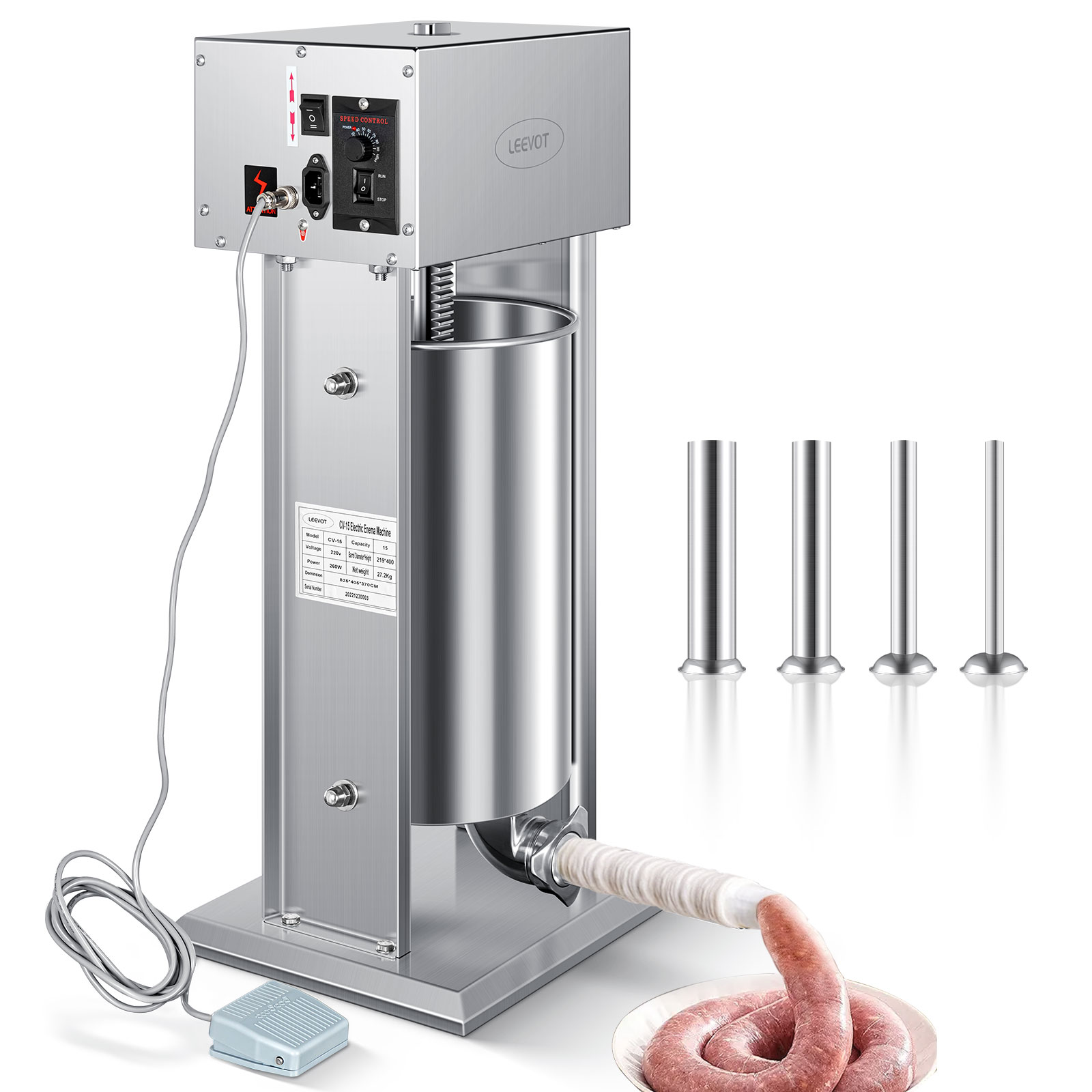 Leevot Electric Sausage Stuffer, 9 Speeds, 15L, Vertical, Stainless Steel with 4 Tubes, Home and Commercial Use