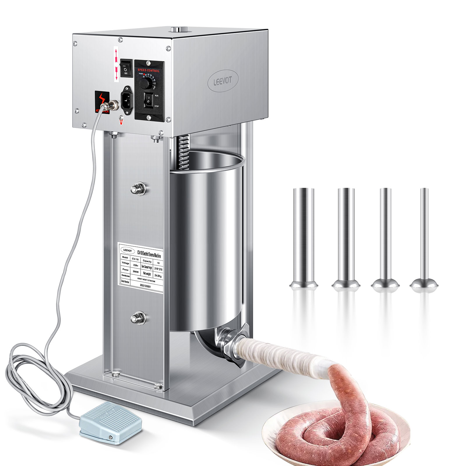 Leevot Electric Sausage Stuffer, 9 Speeds, 10L, Vertical, Stainless Steel with 4 Tubes, Home and Commercial Use
