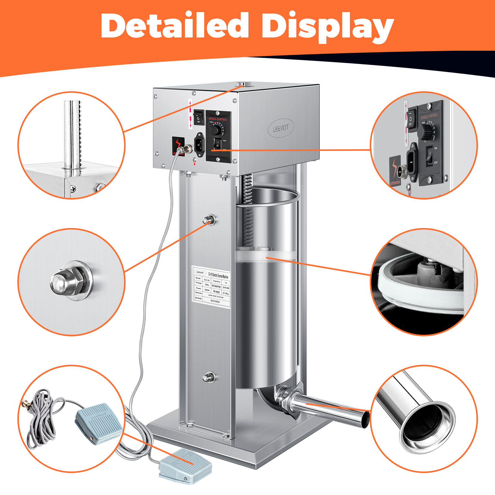 Leevot Electric Sausage Stuffer, 9 Speeds, 15L, Vertical, Stainless Steel with 4 Tubes, Home and Commercial Use