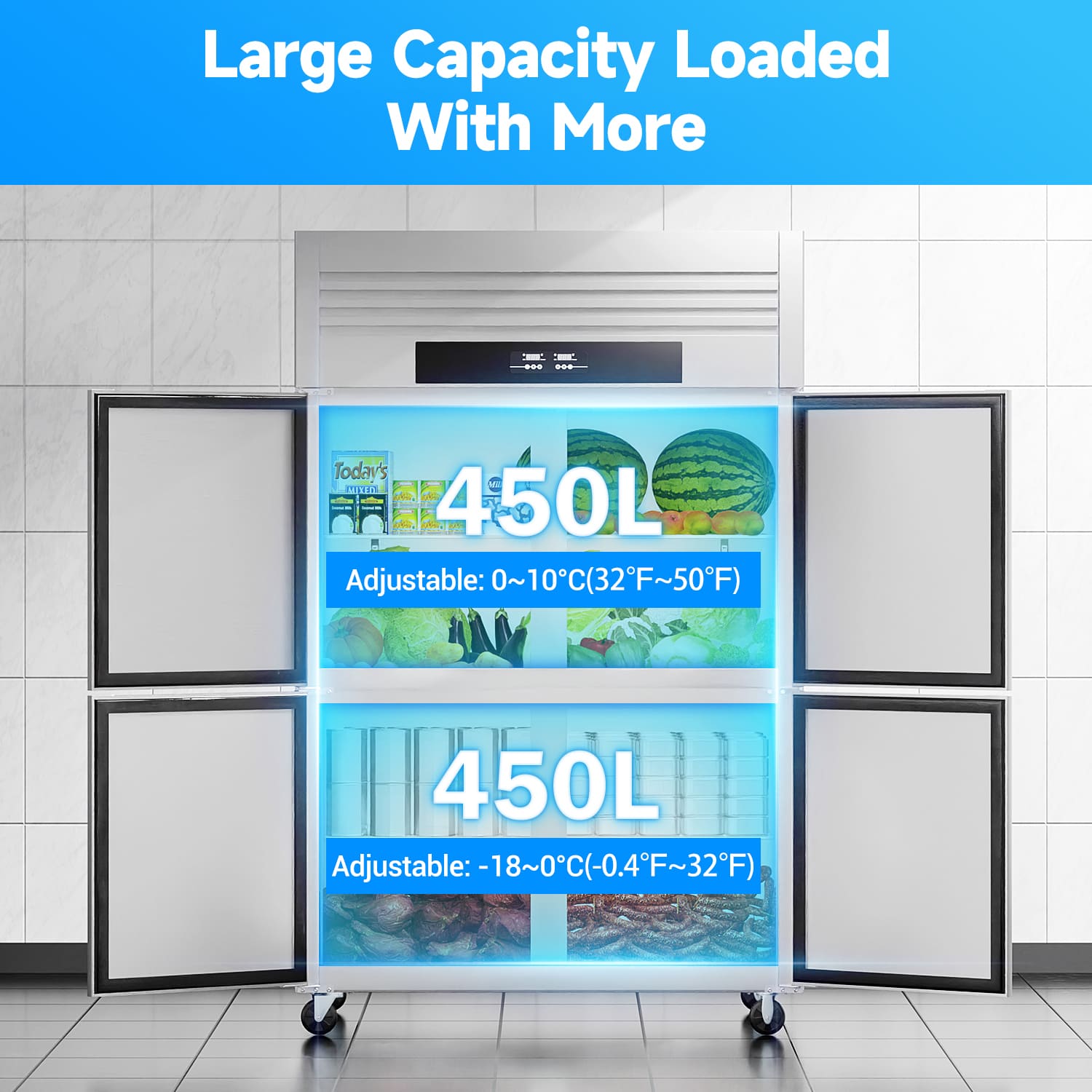 900L Commercial Solid Door Reach-In Freezer, 300W Upright Chiller, 220V Stainless Steel Refrigeration Cabinet for Fresh and Frozen Food Storage.