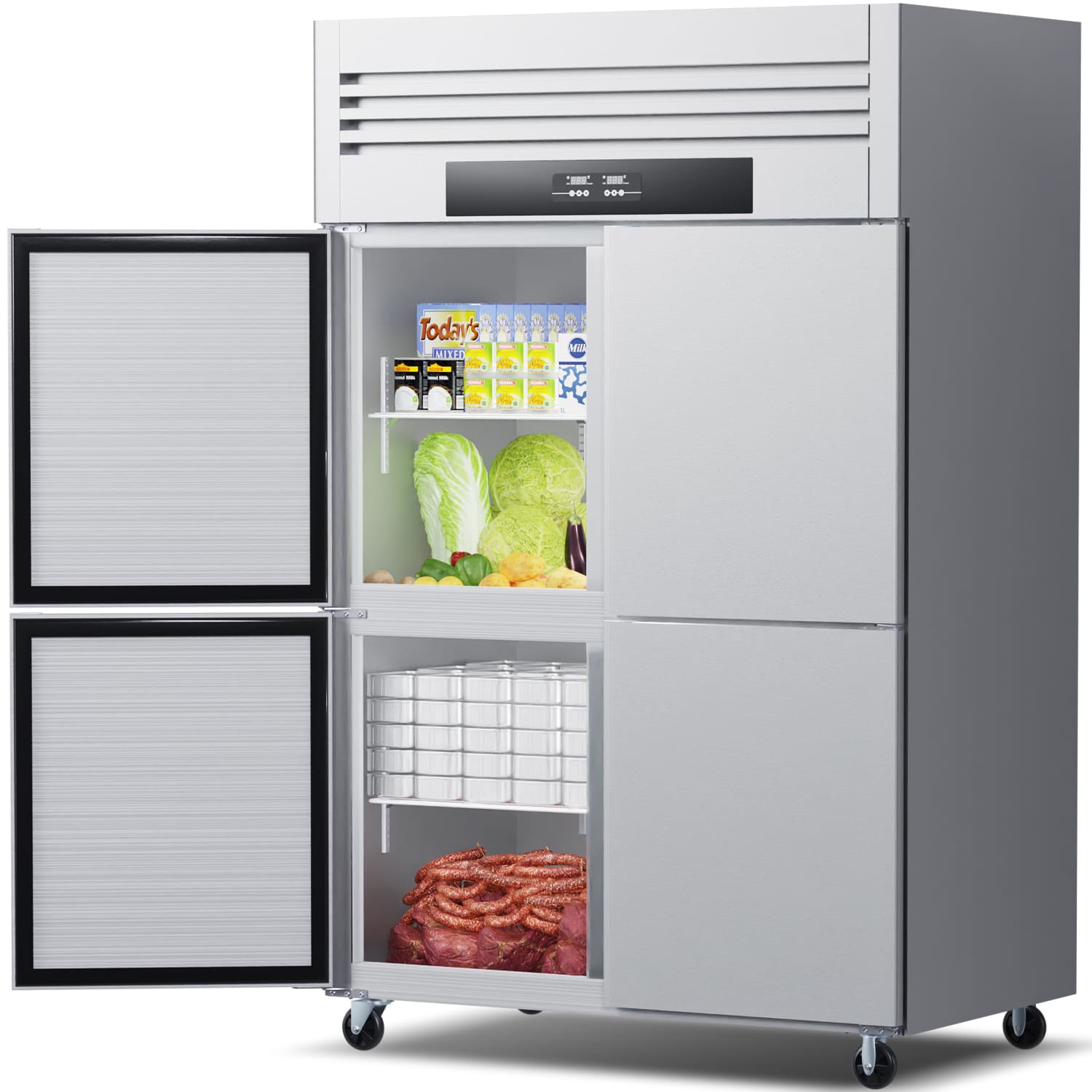 900L Commercial Solid Door Reach-In Freezer, 300W Upright Chiller, 220V Stainless Steel Refrigeration Cabinet for Frozen Food Storage.